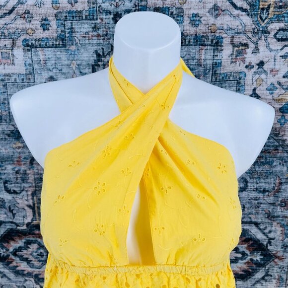 River Island Cutwork Halter Dress Yellow Size L Eyelet Trim  Midi Length - Picture 3 of 16